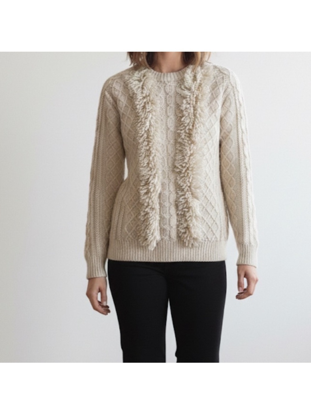 Tory Burch Cream Cable Knit Fringe Crewneck Sweater Size XS
